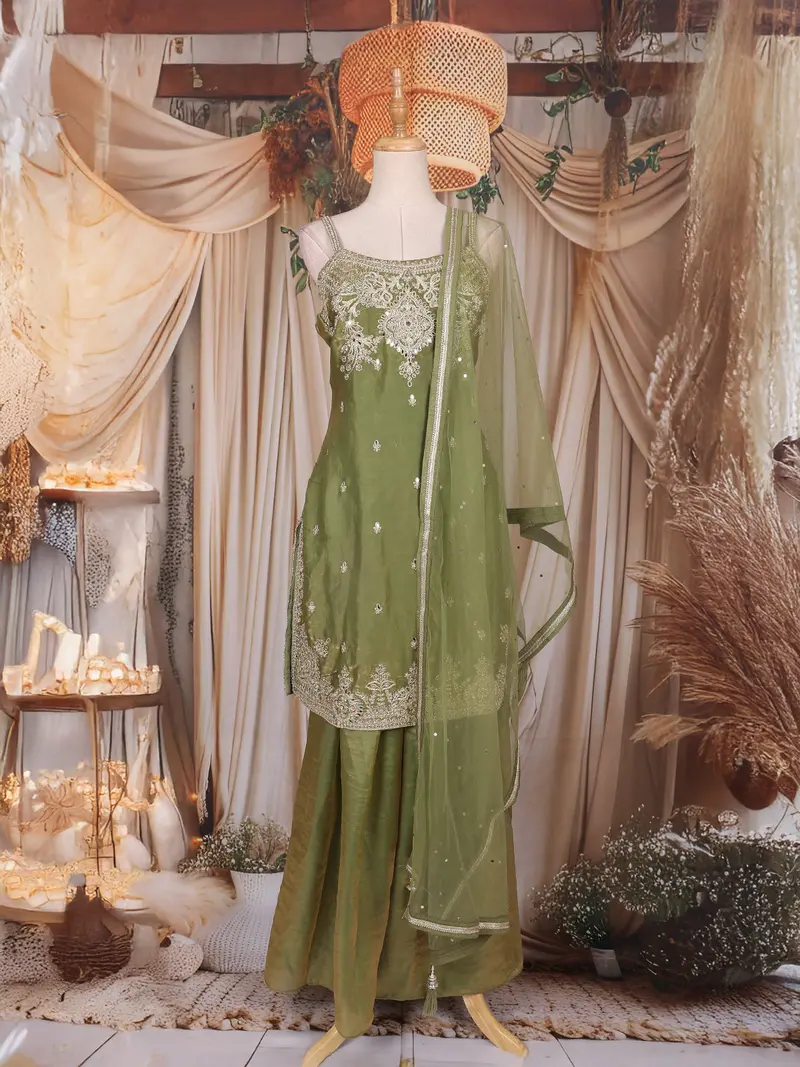 Olive Green Floral Embroidered Design Organza Palazzo Suit With Dupatta 1