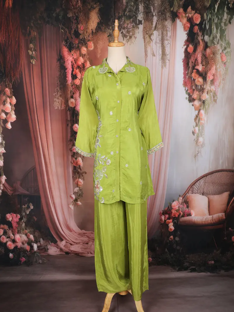 Olive Green Floral Embroidered Design Tissue Salwar Suit 1