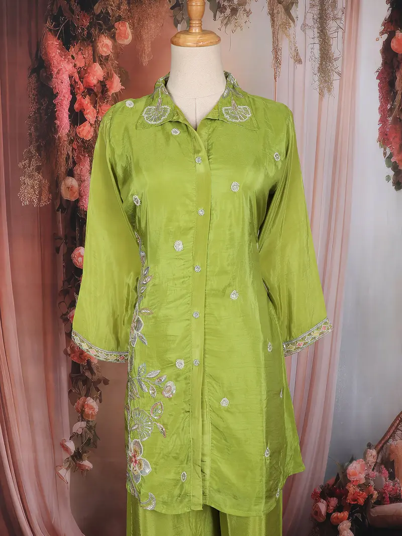 Olive Green Floral Embroidered Design Tissue Salwar Suit 2