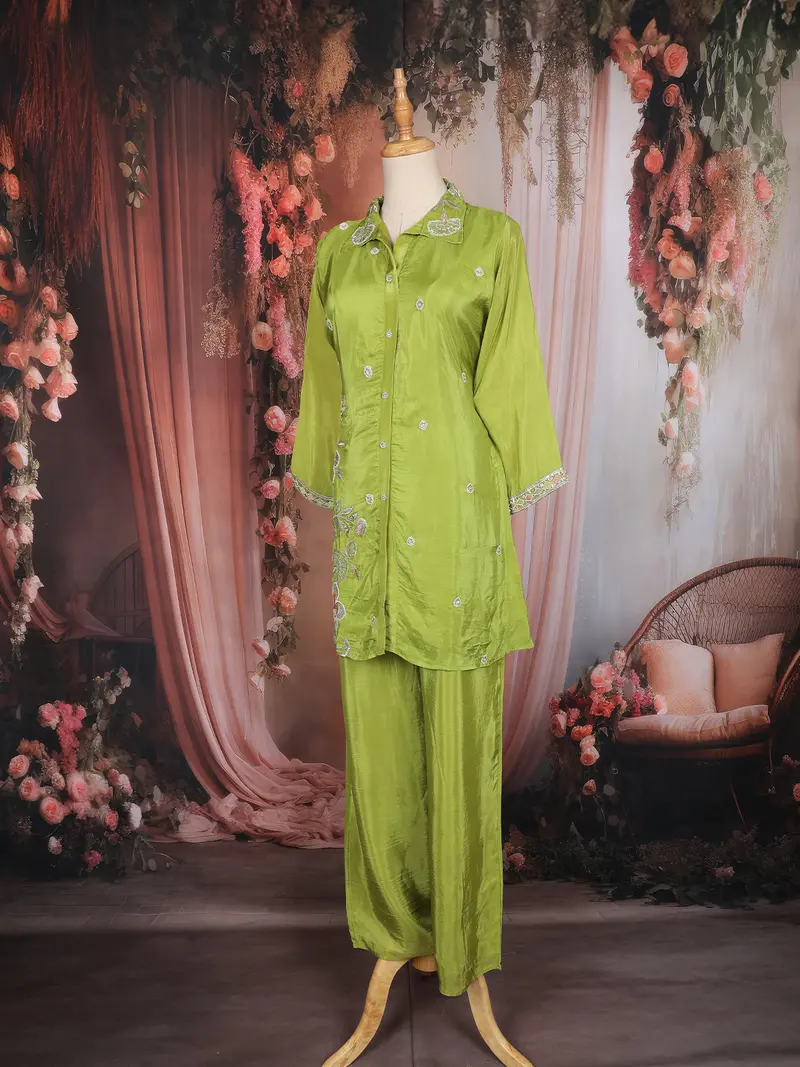 Olive Green Floral Embroidered Design Tissue Salwar Suit 3