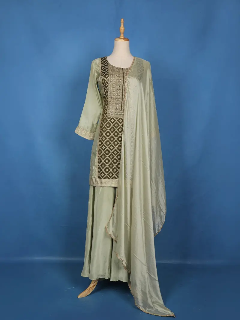 Olive Green Floral Embroidered Silk Palazzo Suit With Matching Dupatta 1