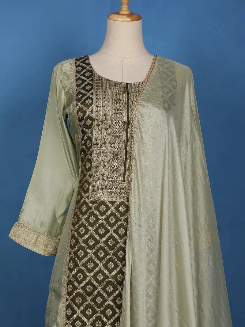 Olive Green Floral Embroidered Silk Palazzo Suit With Matching Dupatta 2