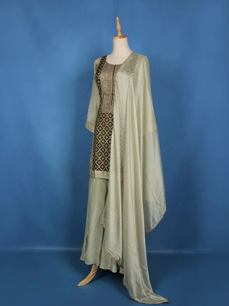 Olive Green Floral Embroidered Silk Palazzo Suit With Matching Dupatta 3