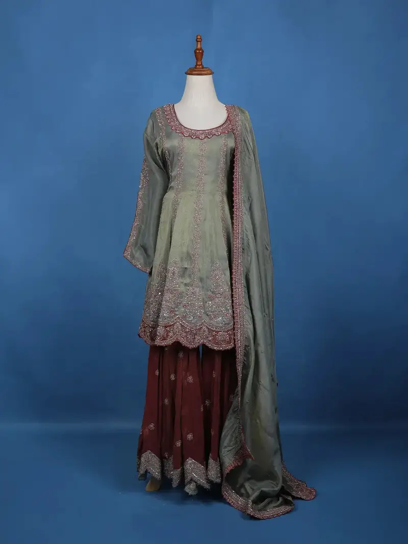 Olive Green Floral Embroidered Silk Sharara Set 1
