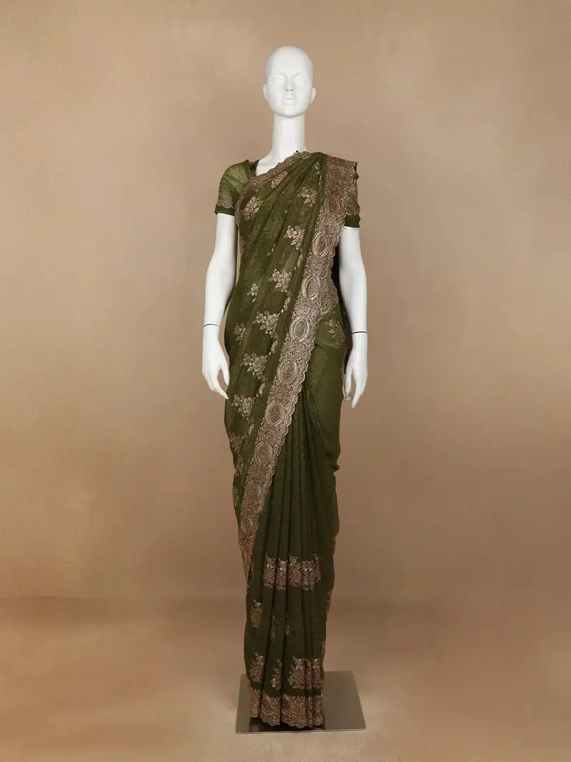 Olive Green Floral Embroidery Chiffon Silk Saree 1