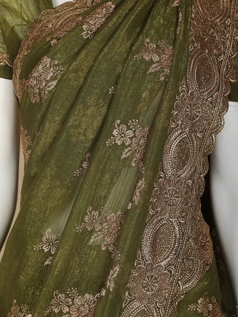 Olive Green Floral Embroidery Chiffon Silk Saree 2