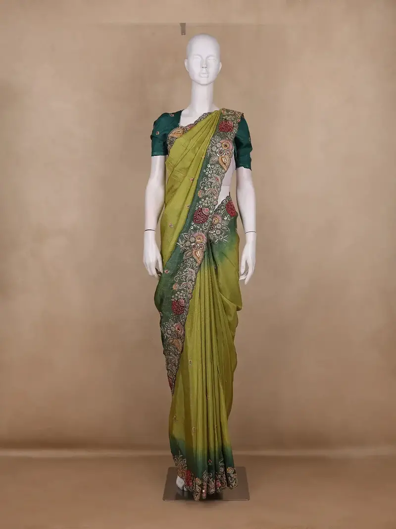 Olive Green Floral Embroidery Organza Saree 1