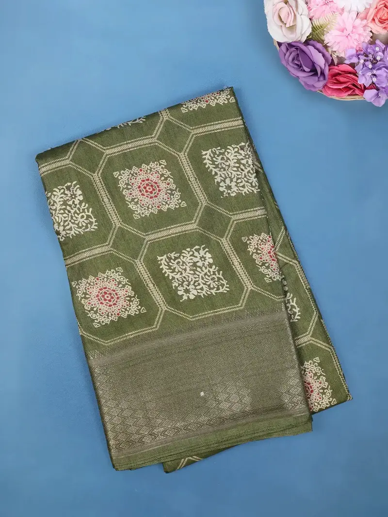 Olive Green Floral Hexagonal Printed Cotton Saree 1