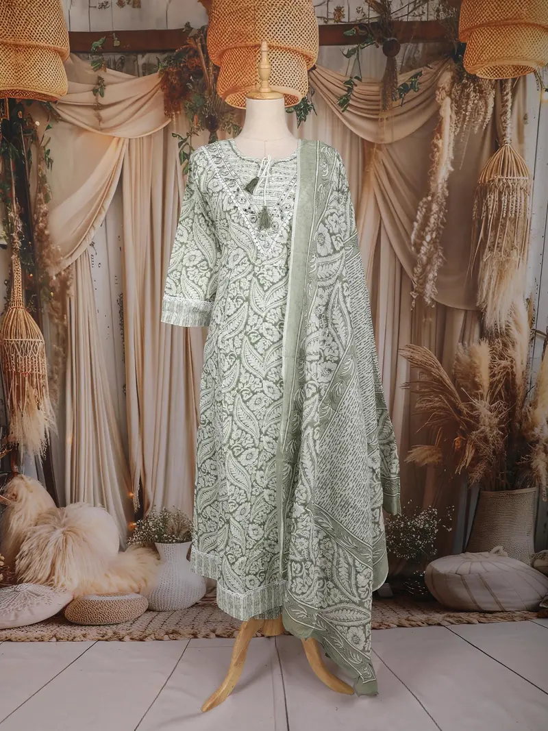 Olive Green Floral Mirror Embroidered Cotton Salwar Suit With Dupatta 1