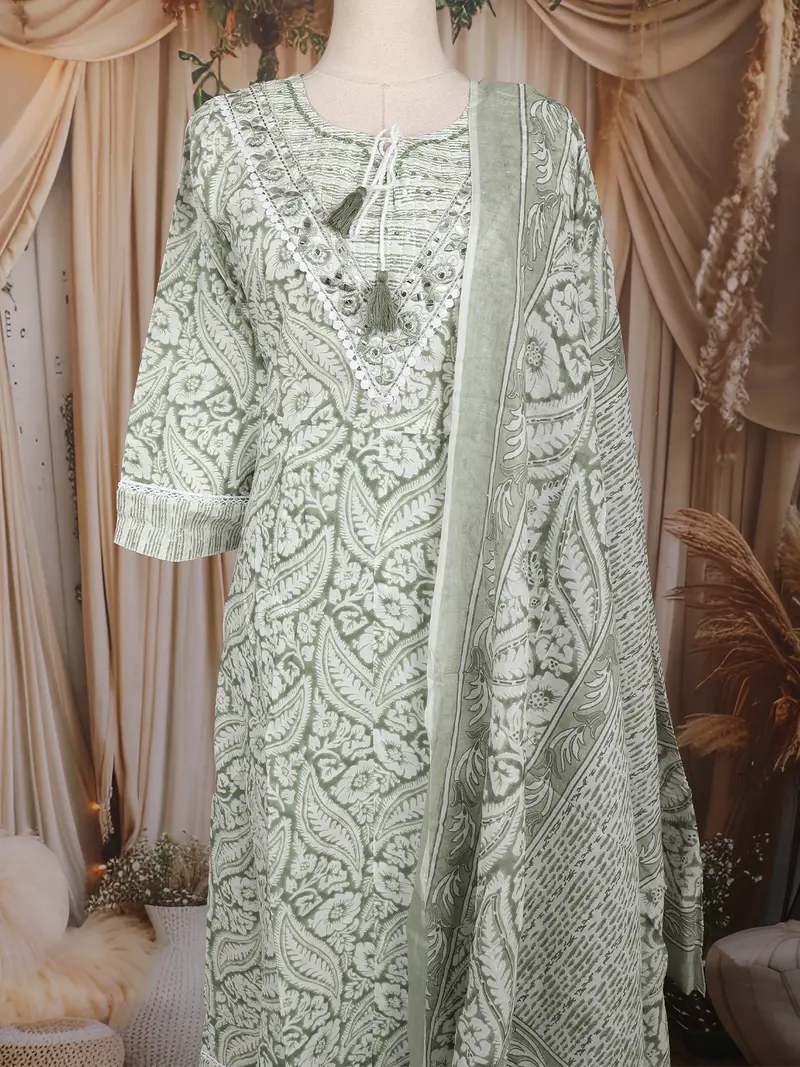 Olive Green Floral Mirror Embroidered Cotton Salwar Suit With Dupatta 2