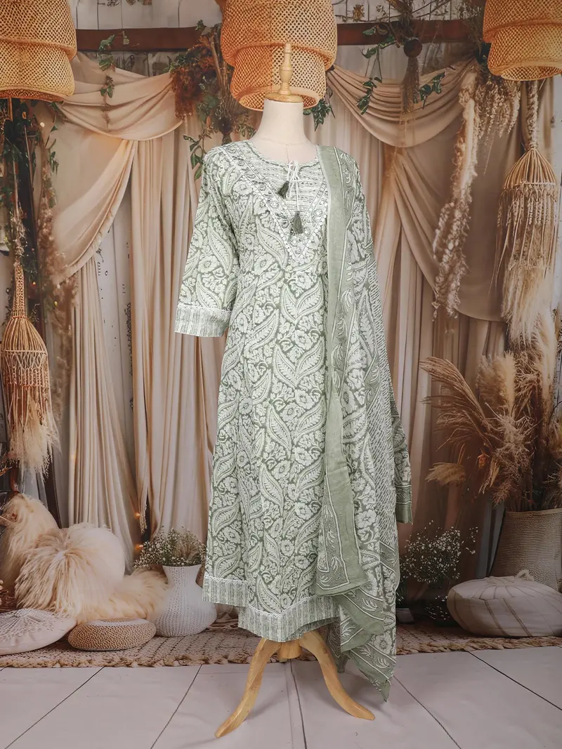 Olive Green Floral Mirror Embroidered Cotton Salwar Suit With Dupatta 4