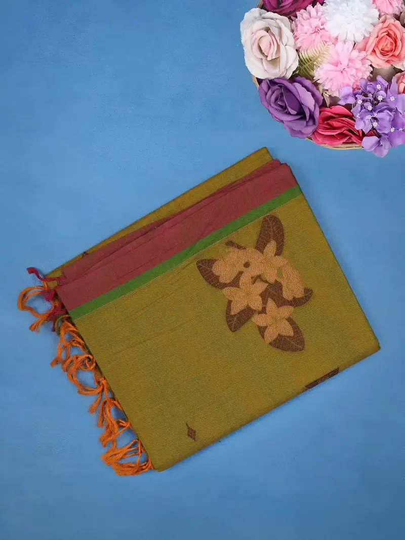 Olive Green Floral Motif Design Cotton Saree With Contrast Border 1