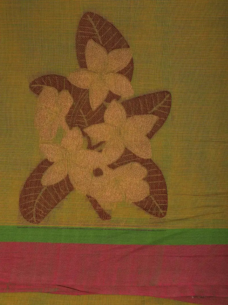 Olive Green Floral Motif Design Cotton Saree With Contrast Border 2