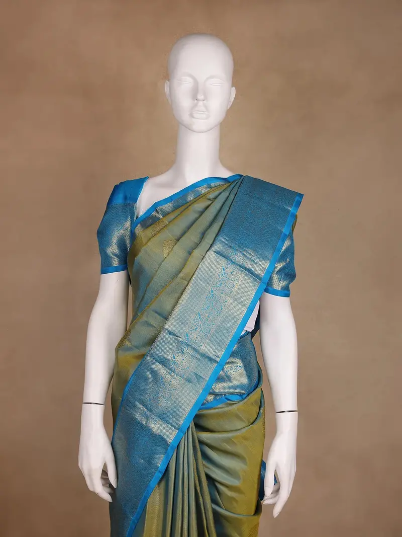 Olive Green Floral Motif Design Kanchipuram Silk Saree 2