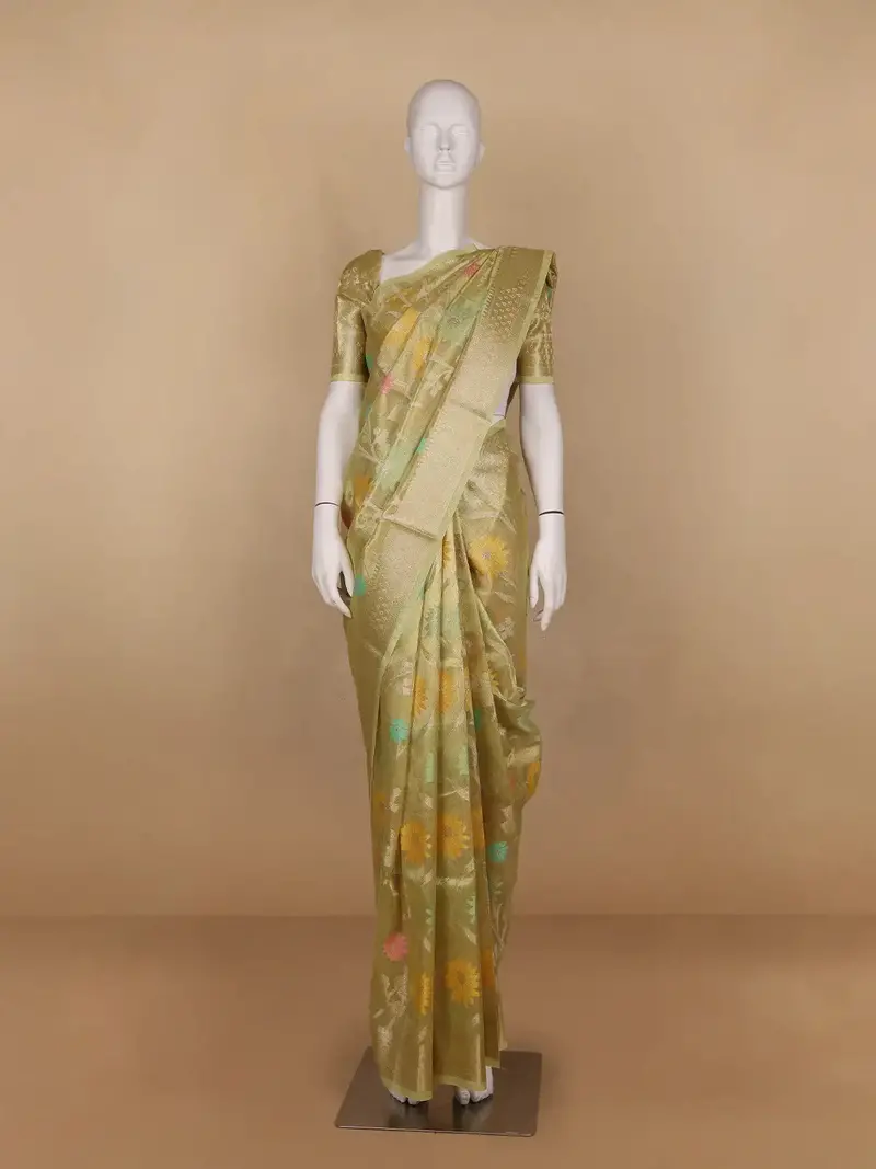 Olive Green Floral Motifs Semi Tissue Saree 1