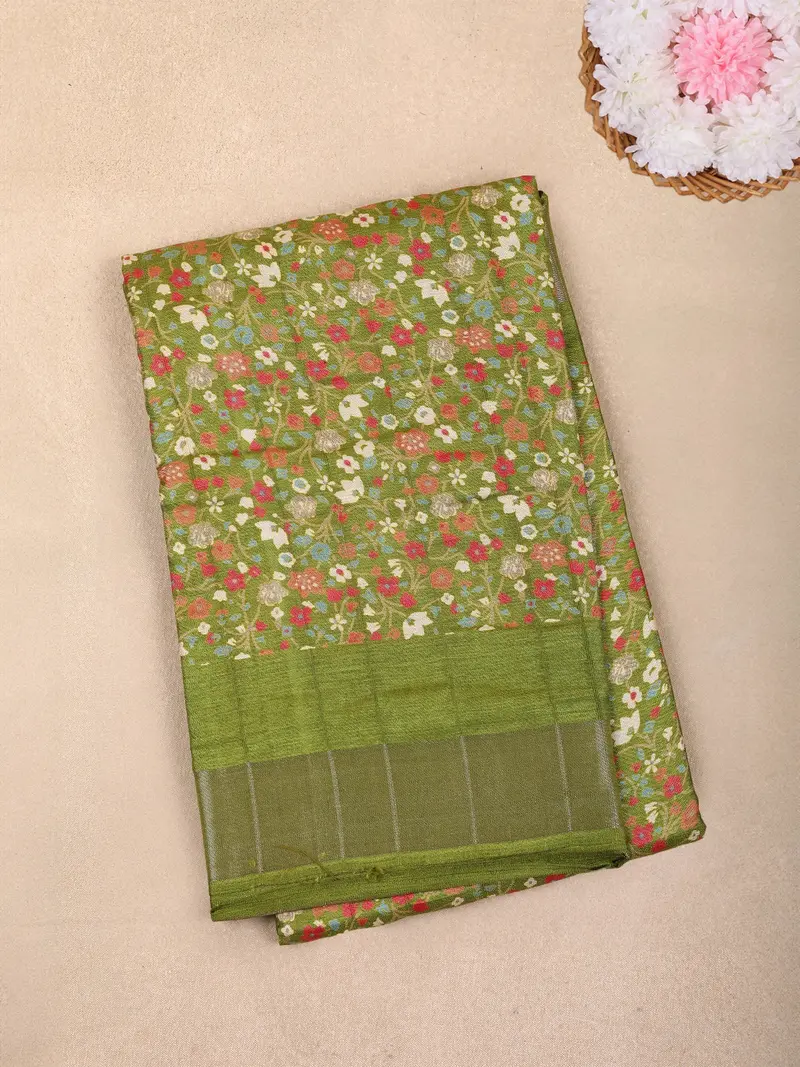 Olive Green Floral Printed Chanderi Cotton Saree With Contrast Border 1