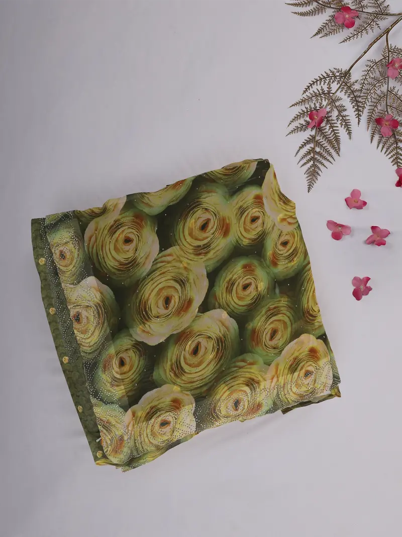Olive Green Floral Printed Chiffon Saree 1