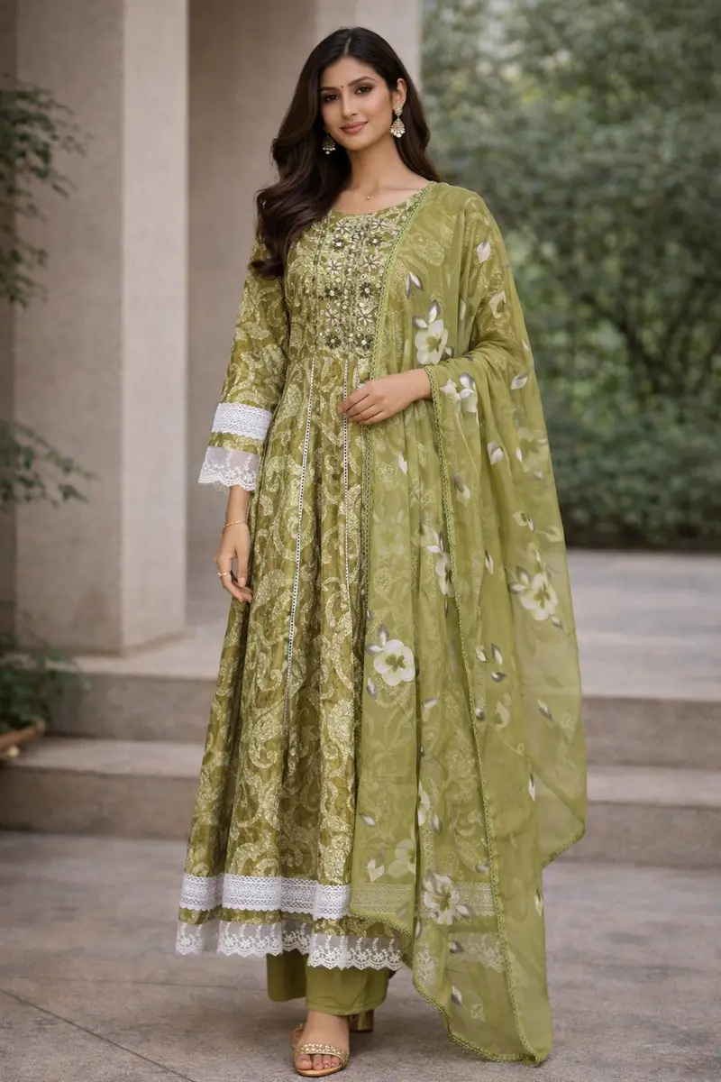 Olive Green Floral Printed Cotton Anarkali Suit With Dupatta 1