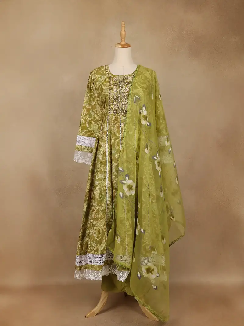 Olive Green Floral Printed Cotton Anarkali Suit With Dupatta 2