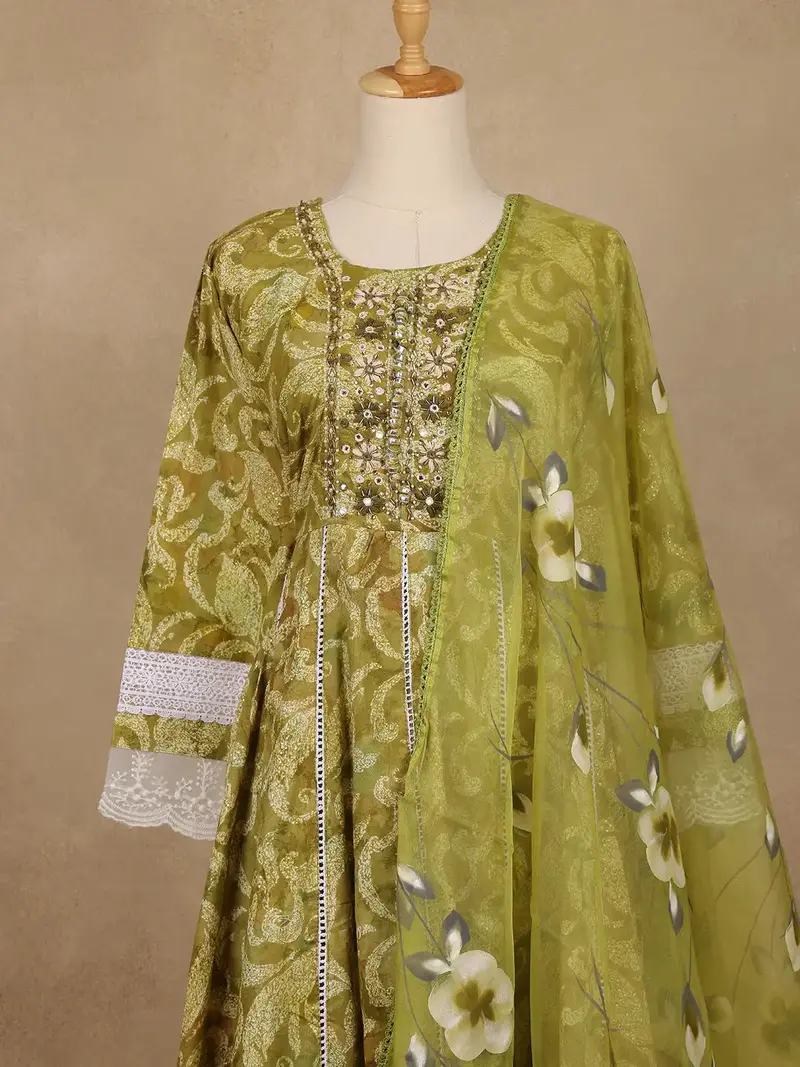 Olive Green Floral Printed Cotton Anarkali Suit With Dupatta 3