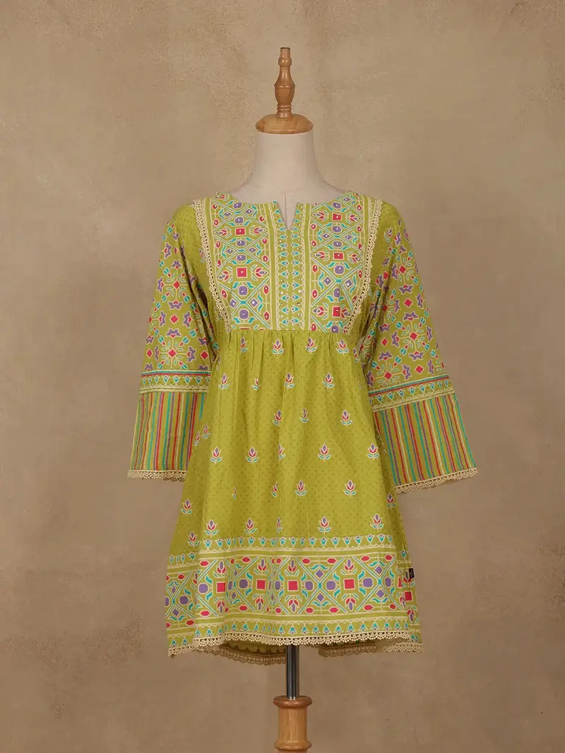 Olive Green Floral Printed Cotton Kurti Top 1