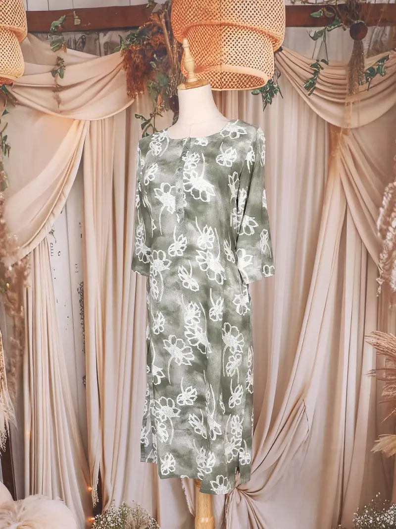 Olive Green Floral Printed Cotton Rayon Kurti 1
