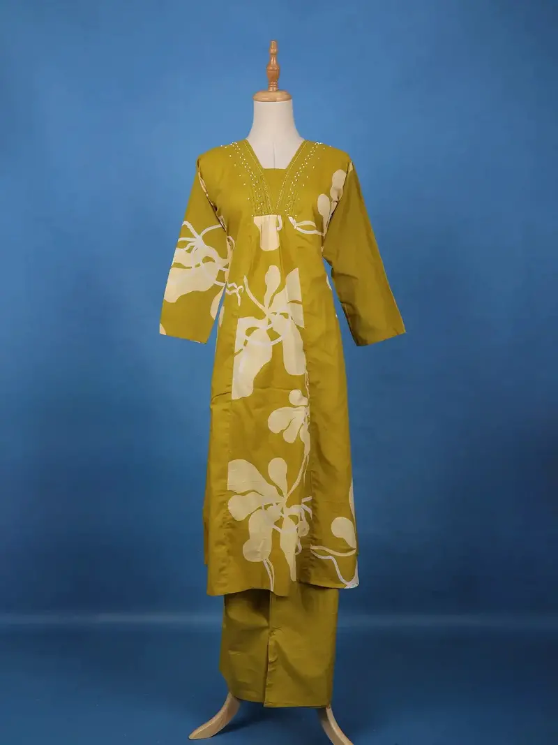 Olive Green Floral Printed Cotton  Salwar Suit 1