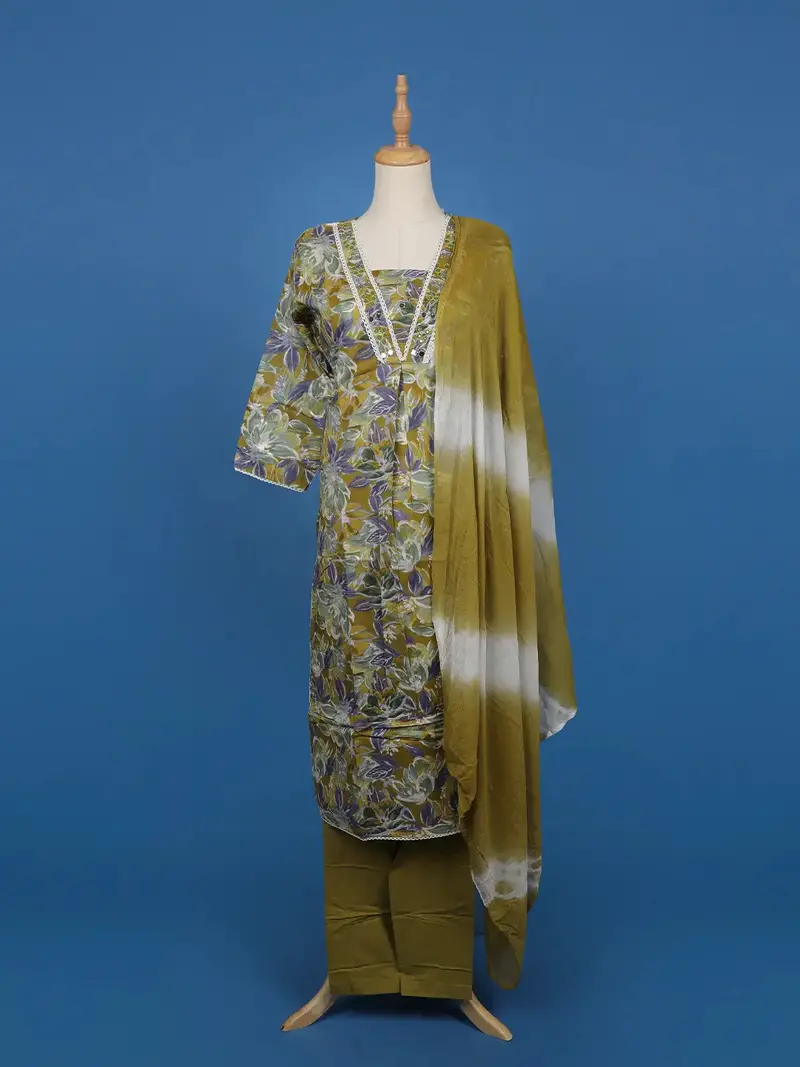 Olive Green Floral Printed Cotton Salwar Suit 1