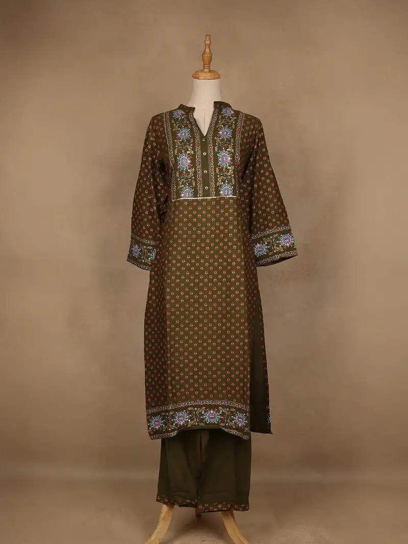 Olive Green Floral Printed Cotton Salwar Suit 1