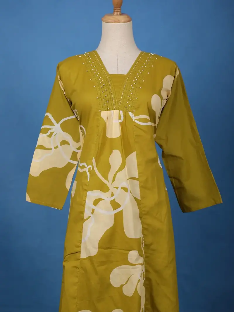 Olive Green Floral Printed Cotton Salwar Suit 2