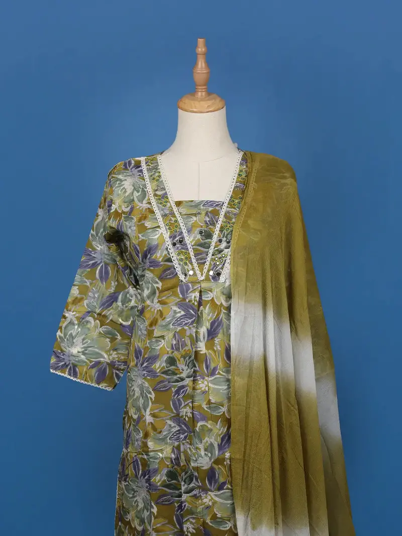 Olive Green Floral Printed Cotton Salwar Suit 2