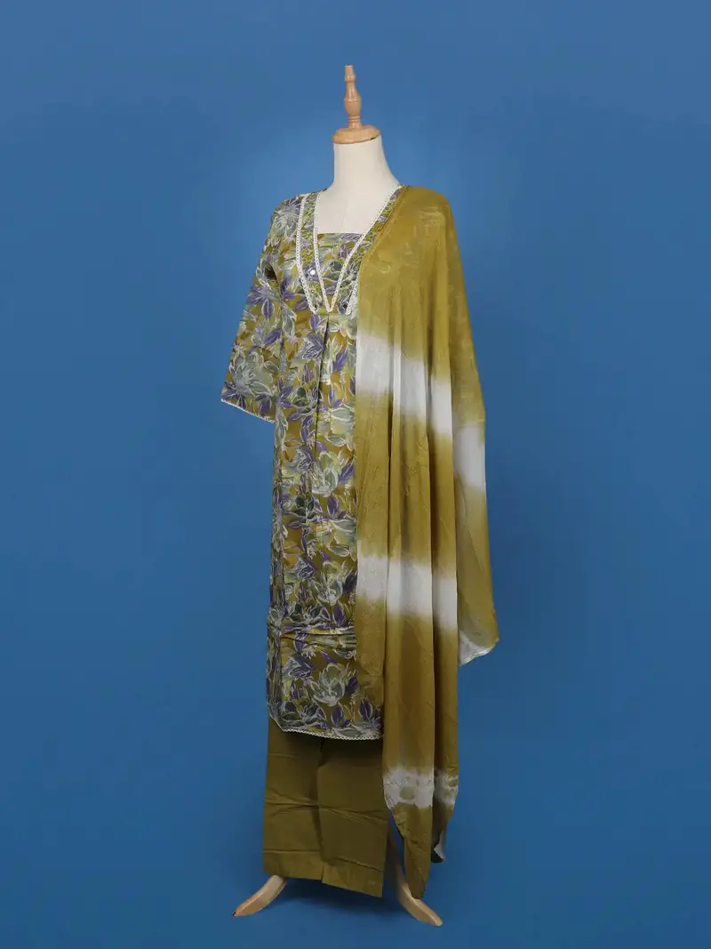 Olive Green Floral Printed Cotton Salwar Suit 3