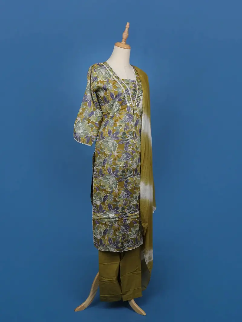 Olive Green Floral Printed Cotton Salwar Suit 4