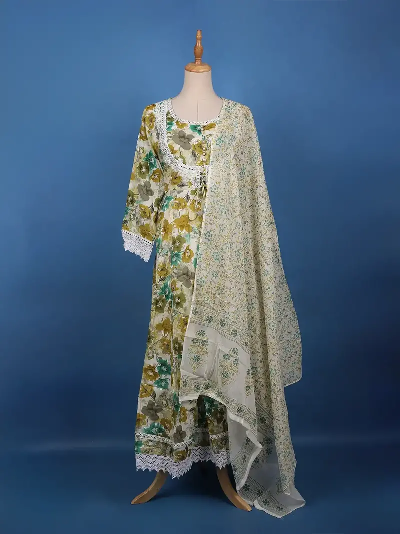Olive Green Floral Printed Cotton Salwar Suit Set 1