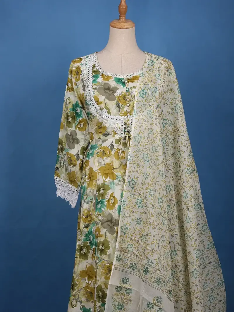 Olive Green Floral Printed Cotton Salwar Suit Set 2