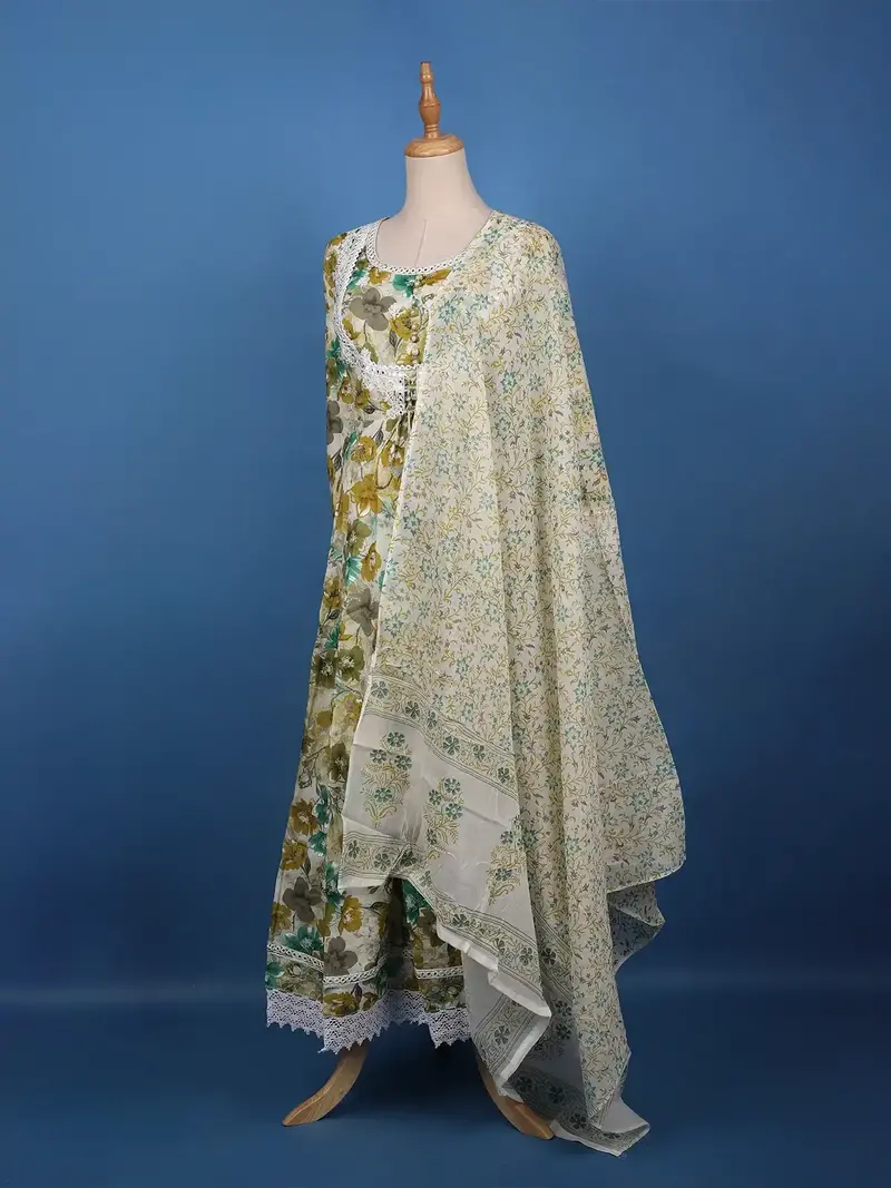 Olive Green Floral Printed Cotton Salwar Suit Set 3