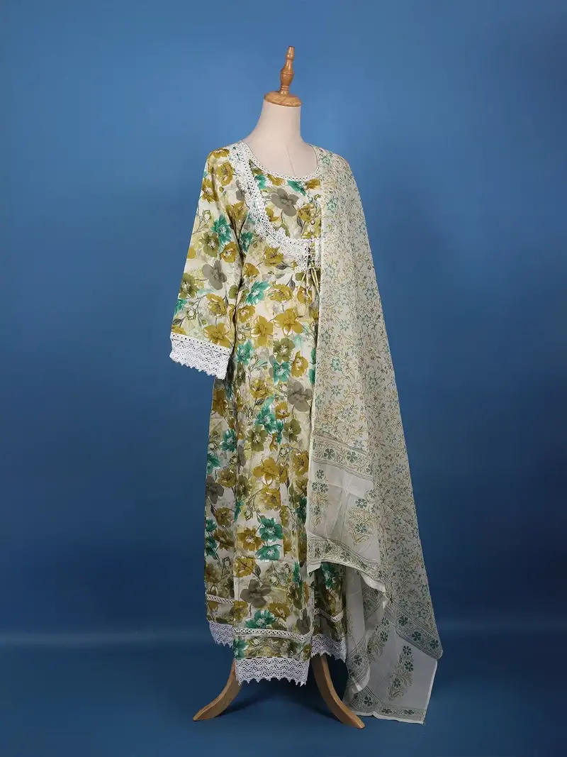 Olive Green Floral Printed Cotton Salwar Suit Set 4