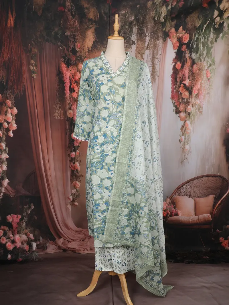 Olive Green Floral Printed Cotton Salwar Suit With Dupatta 1