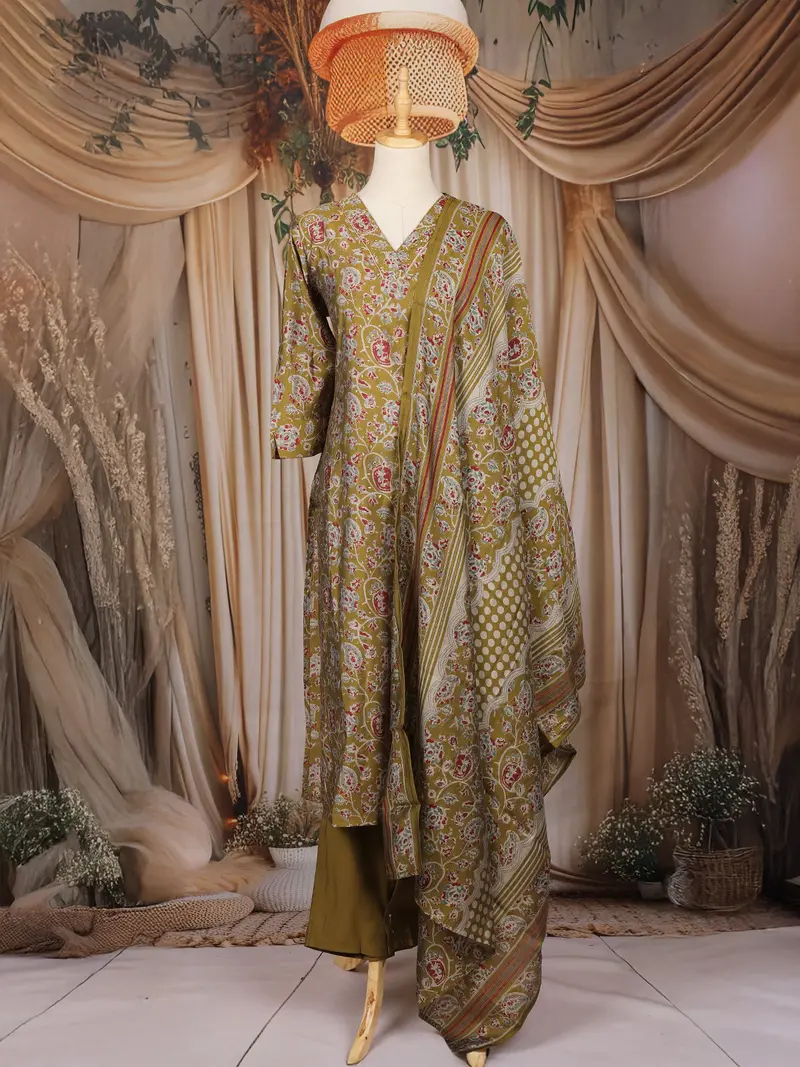 Olive Green Floral Printed Cotton Salwar Suit With Dupatta 1