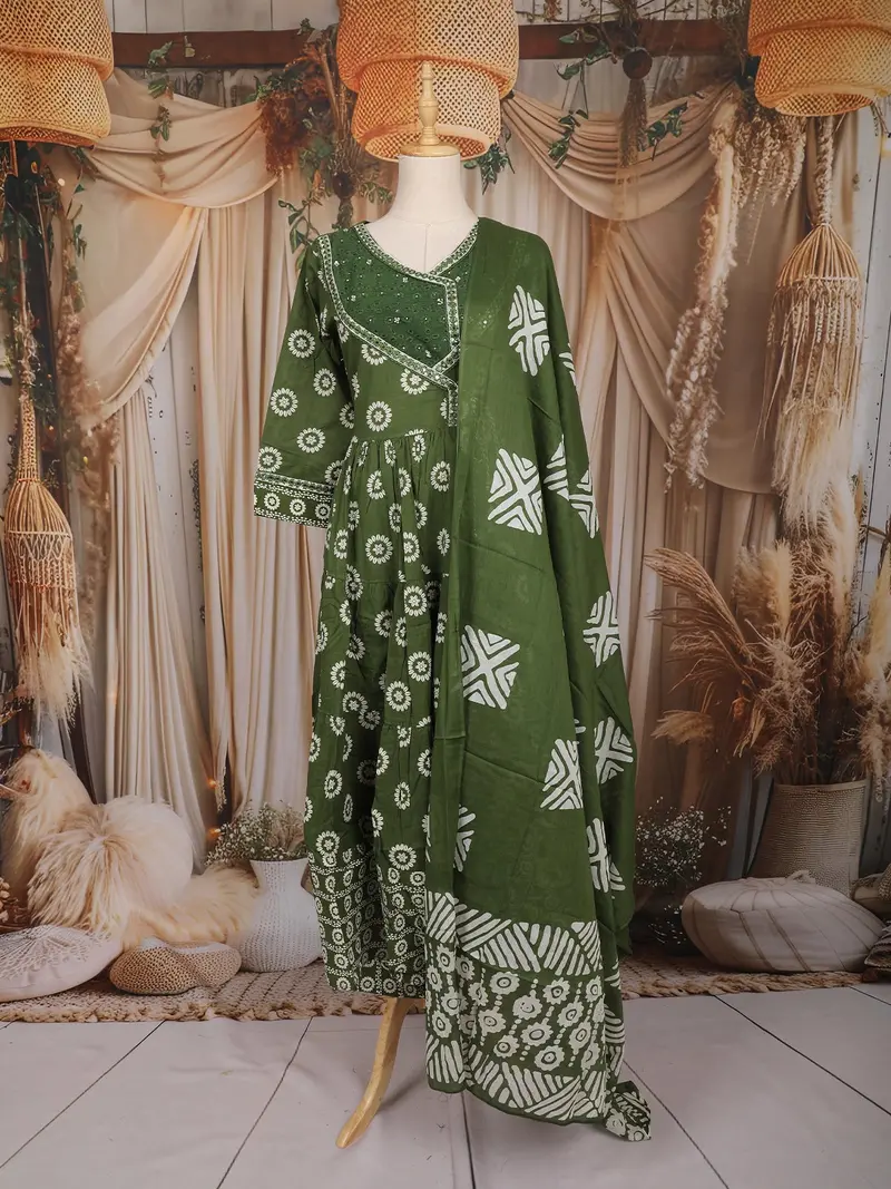 Olive Green Floral Printed Cotton Salwar Suit With Dupatta 1
