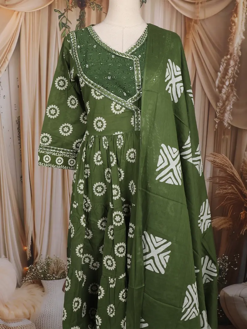 Olive Green Floral Printed Cotton Salwar Suit With Dupatta 2