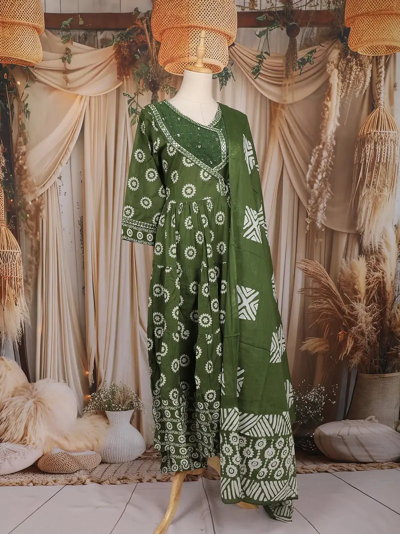 Olive Green Floral Printed Cotton Salwar Suit With Dupatta 3