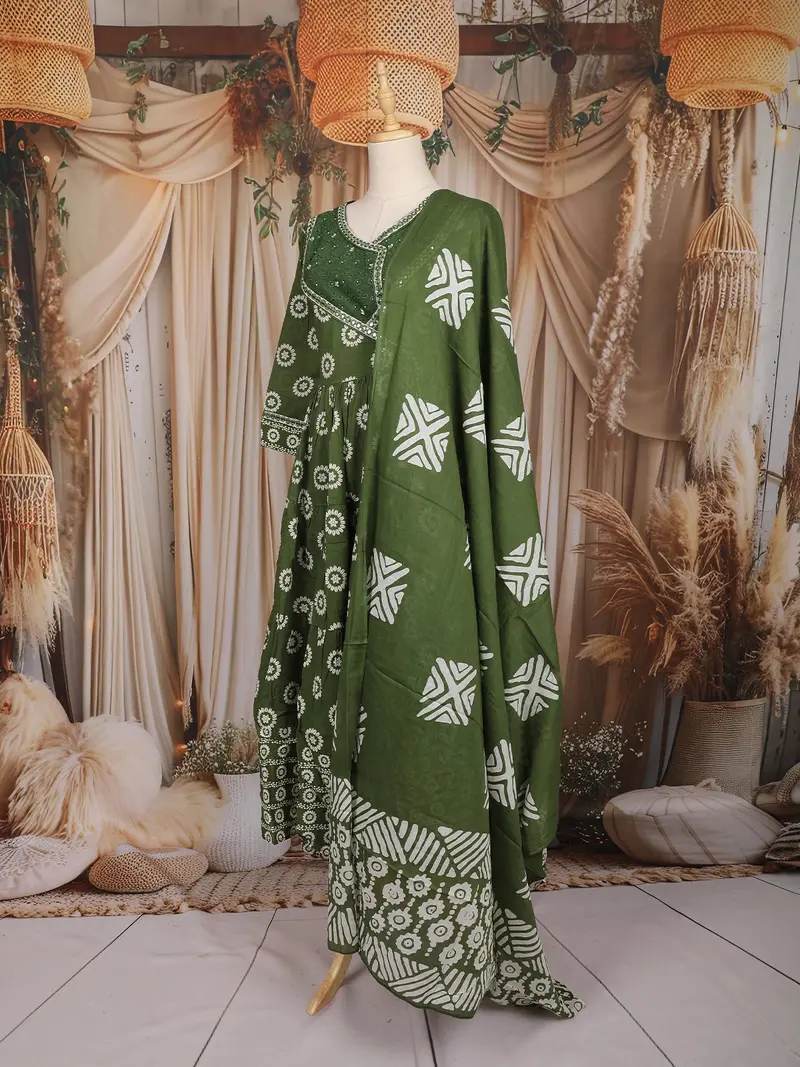 Olive Green Floral Printed Cotton Salwar Suit With Dupatta 4