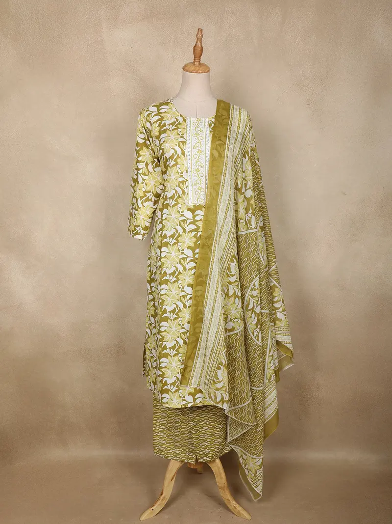 Olive Green Floral Printed Cotton Salwar Suit With Printed Dupatta 1