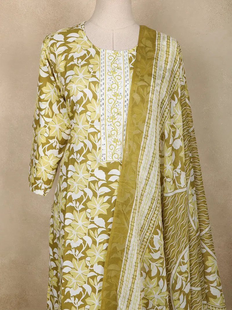 Olive Green Floral Printed Cotton Salwar Suit With Printed Dupatta 2