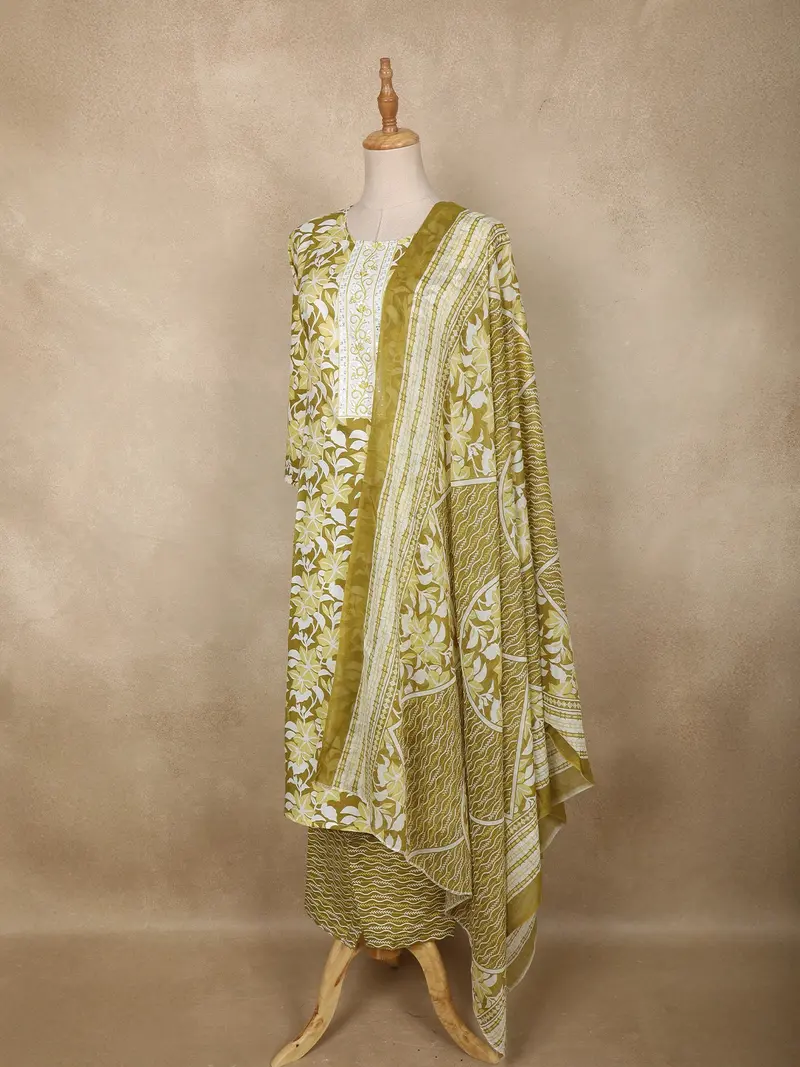 Olive Green Floral Printed Cotton Salwar Suit With Printed Dupatta 3