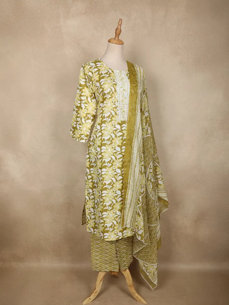 Olive Green Floral Printed Cotton Salwar Suit With Printed Dupatta 4
