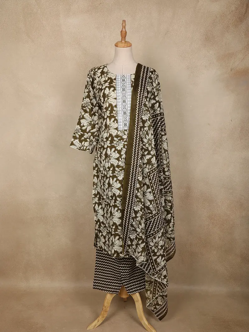 Olive Green Floral Printed Cotton Straight Cut Salwar Suit With Dupatta 1
