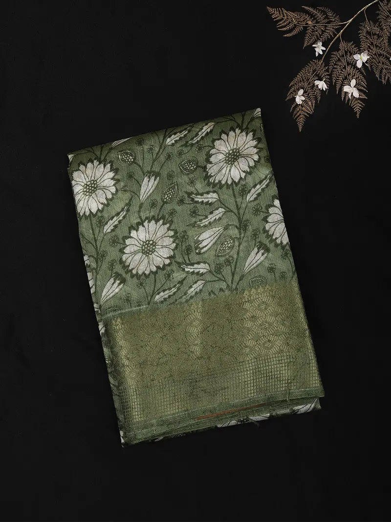 Olive Green Floral Printed Design Blended Cotton Saree With Zari Border 1
