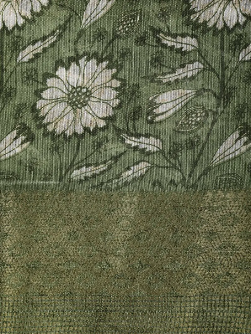 Olive Green Floral Printed Design Blended Cotton Saree With Zari Border 2